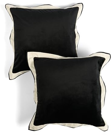 OHS Set of 2 Cushion Covers 45 x 45cm, Ultra Soft Matte Velvet Oxford Edge Decorative Square Throw Pillow Covers with Invisible Zipper for Sofa Living Room Bedroom, Black/White