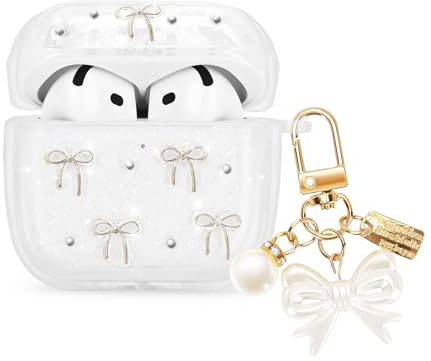 Newseego for AirPods 4 Case, Clear Glitter Cute Bowknots | Aesthetic Design, with Bow Pearl Keychain, for Girls Women, Soft TPU, Shockproof Protective Cover, Front LED Visible