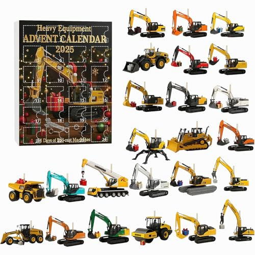 Schweres Baumarkt-Adventskalender 2025, 24 detailgetreue Zinkguss-Baumaschinen, Weihnachts-Countdown-Kalender mit 24 Mini-Bagger-Ornamenten, Überraschungsgeschenk zum Countdown
