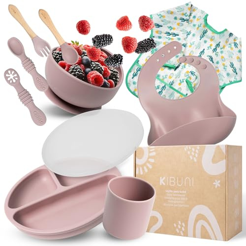 Vajilla bebé de silicona│10 piezas | Libre de BPA, antideslizante y segura│Incluye vaso, cucharas de aprendizaje, platos con ventosa, babero y bata impermeable│Ideal para BLW y regalo bebe