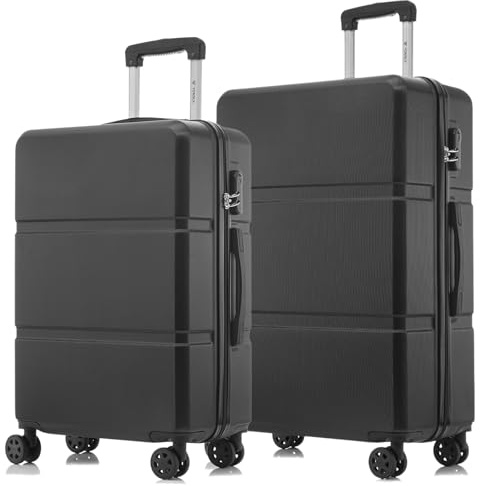 YONSLY Trolley Reisekoffer Suitcase, Rollkoffer Handgepäck mit 4 Rollen 360°, Hartschalenreisekoffer, Zahlenschloss, Weicher Gummigriff (2er Set, L&XL, Schwarz)