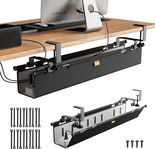 YOOMONA Cable Management Tray Under Desk No Drill, 38 Under Desk Cable Management with Clamp/Screw Mount, Wire Cord Organizer for Table, Cable Tray for Office, Home (Black)