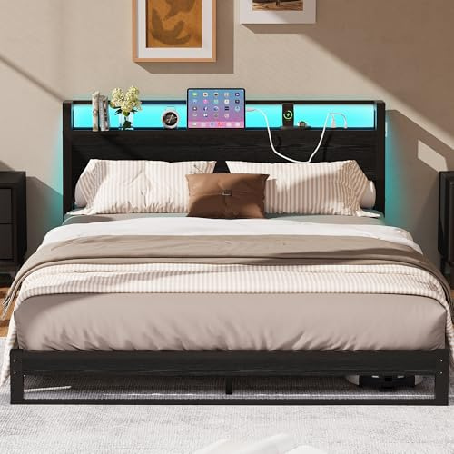 MUZERUL Bett 120x200 mit Ergonomischem Kopfteil mit Stauraum, Bodenbett Niedriges Metallbett, Bettgestell mit Ladestation und LED Beleuchtung, jugendbett 120x200 für Schlafzimmer Gästezimmer,Schwarz