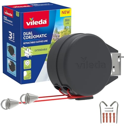 Vileda Dual Cordomatic Retractable Washing Line, 30m (2 x 15m Clothes Line) | Holds up to 30kg, Extendable Clothes Line with Automatic Retraction, UV‑Protected Case, Wall Mounted for Indoor & Outdoor Use