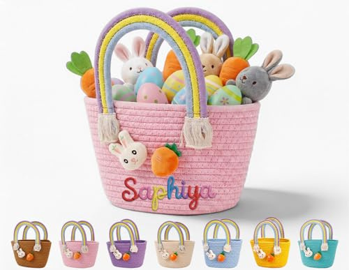 Osterkorb Personalisiert, Osterkörbchen Kinder niedlicher Osterhasen-Karotten-Korb aus Baumwollgewebe mit Namen Ostertasche zum Befüllen Personalisierte Ostergeschenke (Rosa)