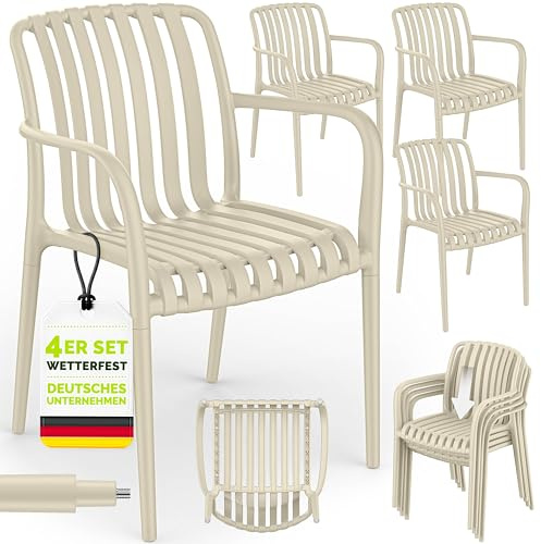 tillvex® Gartenstühle 4er Set Stapelbar Wetterfest mit Armlehne bis 120kg | Outdoor Stühle UV-beständig | Gartenstühle Balkonstuhl Outdoor Kunststoff | Terrassenstuhl Gartenmöbel Balkon Garten Terrasse