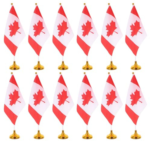 JEWEDECO Lot de 12 Set de Set de Mini Drapeaux du Canada à Main pour Décoration de Bureau et Maison, en Plastique avec Hampe et Base Dorée, Style Canadien Élégant