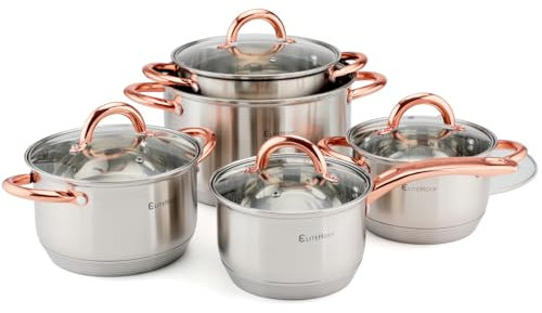 EliteHoff Juego de ollas de inducción, olla de acero inoxidable de 7 capas, juego de ollas con tapa, asas de oro rosa, para todo tipo de cocina (10 piezas)