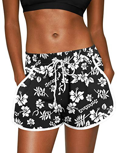 For G and PL Women's Summer Elastic Waistband Beach Short Sports Causal Boardshort Drawstring Black Floral L