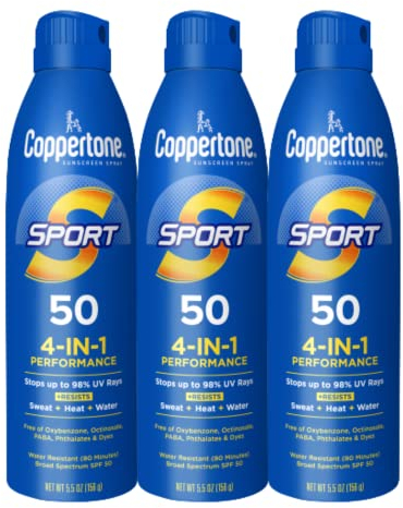 Coppertone Sport Sonnenschutzspray LSF 50, Körper-Sonnenschutz, Wasserabweisendes Spray, Massen-Sonnenschutz, 156 g, 3 Stück (Verpackung Kann Variieren)