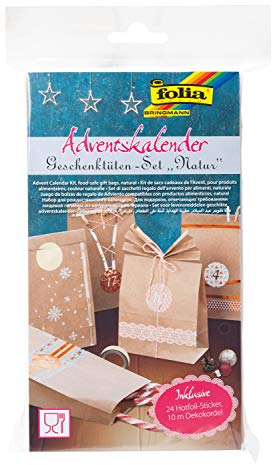 folia 9402 - Adventskalender-Set mit 24 lebensmittelechten Papiertüten naturfarben, Kordel und Zahlensticker