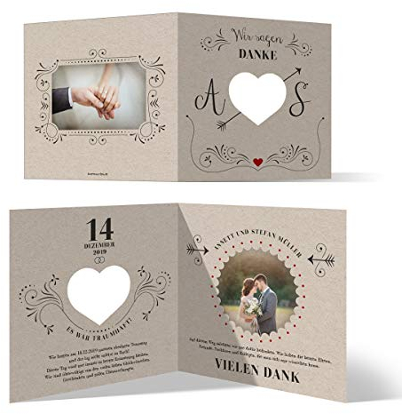 30 x Lasergeschnittene Danksagungskarten Hochzeit Hochzeitskarten Dankeskarten individuell mit Foto und Text Quadrat Klappkarte 148x148mm - Vintage Kraftpapier