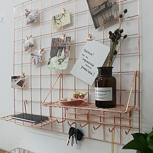 GRIDYMEN Multifunktions-galvanisiertes Metallgitter-Panel, Wand-Foto-Kunstwerk, Display und Organizer für College, Wohnheim, Wohnzimmer, Packung mit 1 Stück, 60 x 60 cm, Rotgold