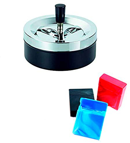 kogu Windaschenbecher Set - Drehaschenbecher, 14 cm, schwarz, Chrom - inkl. 3 Zigarettenboxen ohne Steg