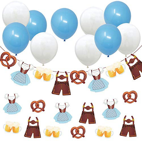 Oblique Unique® Oktoberfest Deko Set - Girlande mit Dirndl Lederhose Bier Brezel + 10x Luftballons in Blau Weiß + 12x XXL Konfetti