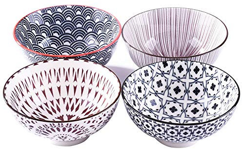 BOSILI 4 Stück Reis-Schüsseln, 11,4 cm, japanischer Stil, Keramik, Reisschalen, glasiertes Geschirr in verschiedenen Designs, geeignet für Dessert, Snacks, Müslisuppe