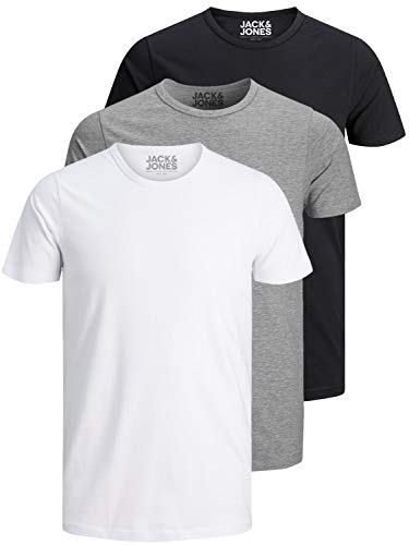 JACK & JONES Confezione da 3 magliette da uomo basic con scollo rotondo, tinta unita, slim fit, in bianco, nero, blu, grigio, 12167630, Confezione da 3 colori misti 1, L