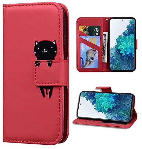 Norn hülle für Samsung Galaxy S20FE 5G,Cartoon Cute Katze Stoßfeste Handyhülle Brieftasche Klapphülle mit Kartenfach Ständer,PU+TPU Leder Wallet Flip Phone case Cover,Magnetverschluss,Rot