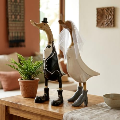 Enten Brautpaar 2er Set - Bambus Enten Hochzeit - 46cm Enten im Anzug und mit Schleier