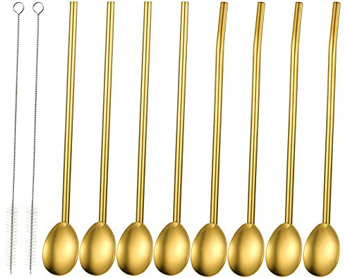 Bulckrew 8pcs Strohhalm Löffel, Trinkhalm Löffel Edelstahl poliert, Gold