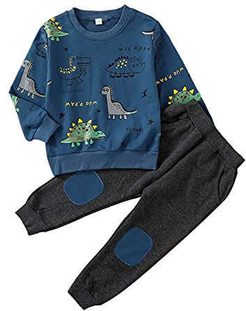 amropi Boy's Dinosaur Print Outfits Long Sleeve Sweatshirt Top and Jogging Pants Set Blue Black, 4-5 Years