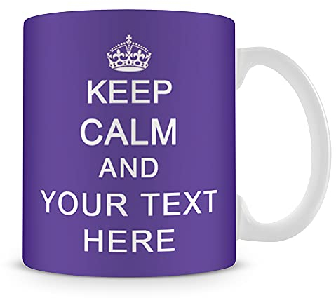 Giftme Personalised Keep Calm and Any Name/Text Birthday, Christmas, Secret Santa Coffee Tea Mug Unique 11oz White Ceramic Mug. (Purple)