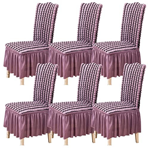 Juego de 6 Cubre Sillas Elásticas para Comedor, con Falda, Extraíble, Lavable, para Cocina, Hogar, Fiesta, Boda (Rayas Moradas, 6 Unidades)