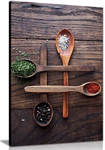 Panther Print Fine Art Prints Spices on a Rustic Wooden Spoon Artistic Framed Canvas Print, Pictures for Home Walls, Bedroom, Living Room & Bathroom Decor 61x41cm (24x16in)