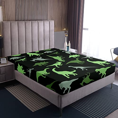 Loussiesd Jungen Karikatur Dinosaurier Spannbettlaken Niedlich Grün Dino Bettlaken DSchöngeltiere Muster Spannbetttuch 90x200cm für Kinder Leicht Schwarz Tierwelt Stil
