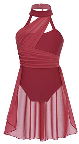 Yihuimin Kids Girls Halter Cutout Back Ballet Leotard Lyrical Dance Skating Dress Ballerina Dancewear Burgundy 11-12 Years