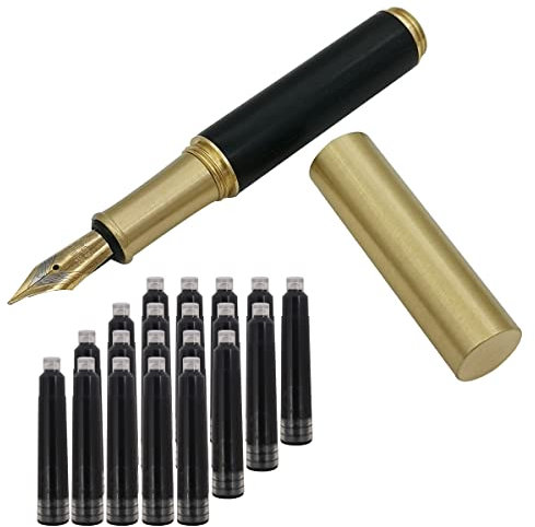 SIPLIV Handcrafted Brass Wooden Fountain Pen Short Paragraph (85mm) Pocket Mini Travel Pen with 20 Pcs Black Ink Cartridges, Black
