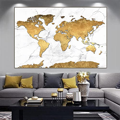 Gold Weltkarte Leinwand Gemälde Retro Poster und Druck Moderne Wandkunst Bild für Wohnzimmer Wohnkultur Leinwanddrucke 70x100cm Rahmenlos