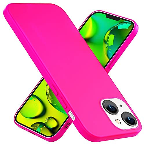 Kaliroo Cover Coloré Intense Compatible avec iPhone 14 Coque, Néon Brillant Velouté Doux Anti-Dérapant Silicone Souple, Mince Housse de Protection Couleur Lumineux Case Anti-Choc, Couleur:Rose Pink