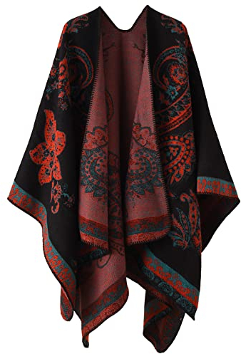 Comilaka Femme Poncho Châle Ouvert Cape Imprimé Wrap Manteau Echarpe Epaisse Poncho Rétro Cardigan Foulard Automne Hiver