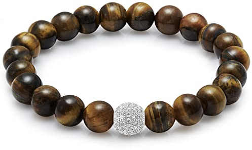 day.berlin Premium Tigerauge Perlenarmband, Damen Naturstein Armband mit echten 8mm Edelsteinen, flexibles Zugband 18cm lang, handgeknüpft mit Pave Zirkonia Perle, versilbert