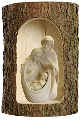 OVUNQUE PROTEGGIMI Weihnachtskrippe aus Miniatur, aus Holz, eingefügt in einem echten Baumstamm mit Maria, Jesus und Joseph, hergestellt in Gröden Linie Krippe des Friedens (natürlich)