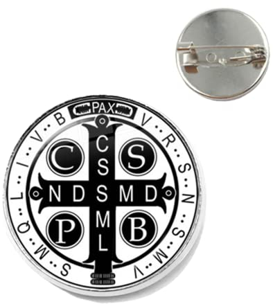 Saint Benedikt Medaillon Brosche I LOVE JESUS Glas Kunst Bild Handwerk Pin katholische San Benito Schmuck Geschenk, Bronze, Glas, Metall