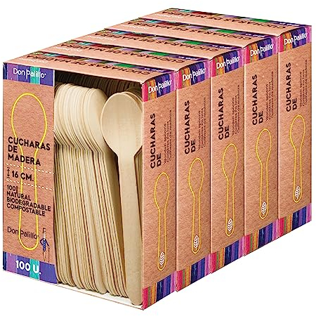 DON PALILLO - Juego de 500 Cucharas Desechables de Madera, 16 cm. 100% Natural, Ecológico, Biodegradable