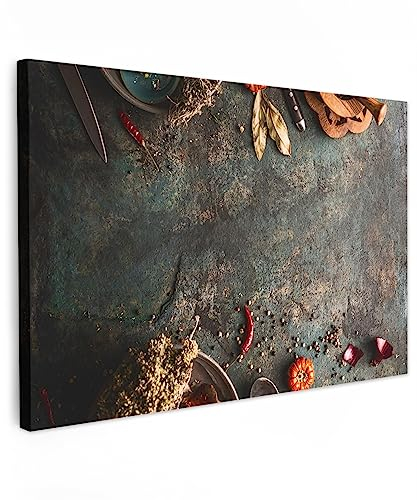 MuchoWow© Leinwand Groß 120x80 cm XXL Deko Schlafzimmer Aesthetic Leinwandbilder Wohnzimmer Gemälde Foto Geschenk Living Room Decoration Küchenbilder - Bild Küche - Marmor - Gemüse - Kürbis - Gewürze