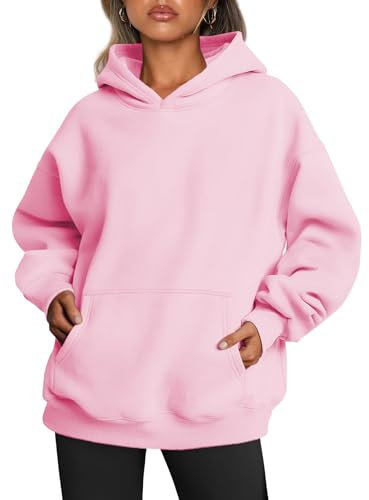 Famulily Damen Kapuzenpullis Fleece gefüttert Lose Passform Kapuzen-Sweatshirts Lässig Bequemer Pullover Herbst Winter Workout Tops Rosa M
