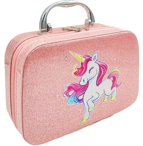 LUKIUP Einhorn Kinder Kosmetiktasche, Schminkkoffer Mit Bürstenfach und Spiegel, Wasserdichtes PU Kulturbeutel, Make Up Bag (20 * 7 * 14cm), Kulturtasche für Schmink Aufbewahrung Mädchen Geschenk