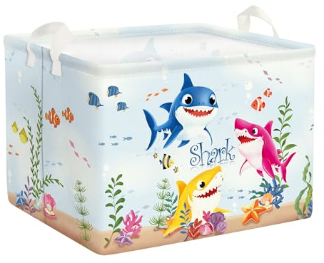 Clastyle Meerestiere Kinder Wäschekorb mit Henkel Krabben Kleidung Spielzeug Aufbewahrungskorb Jungen Mädchen Aufbewahrungsbox für Babyzimmer Bad, Karikatur Hai, 40*30*30 cm