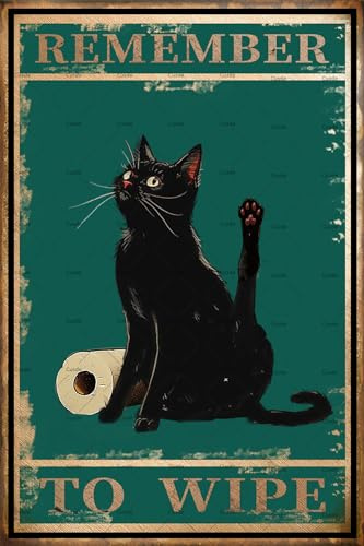 Cusde Remember to Wipe Poster Funny Vintage Black Cat Metal Tin Sign Cat Bathroom Sign Decor For Toilet Bathroom 8x12 Inch