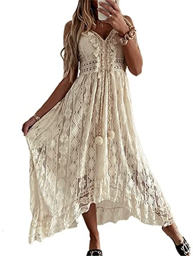 Edhomenn Women Boho Long Evening Dress - Sleeveless Lace Floral Fitted Spaghetti Strap with V Neck for Party