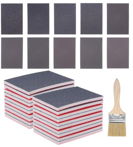 HARFINGTON Schleifschwämme, Körnung 180–2000, 70 x 100 mm, waschbar, wiederverwendbar, doppelseitig, mit Holzpinsel, für Holz, Trockenbau, Metall, Möbelpolieren, Braunrot, 21 Stück