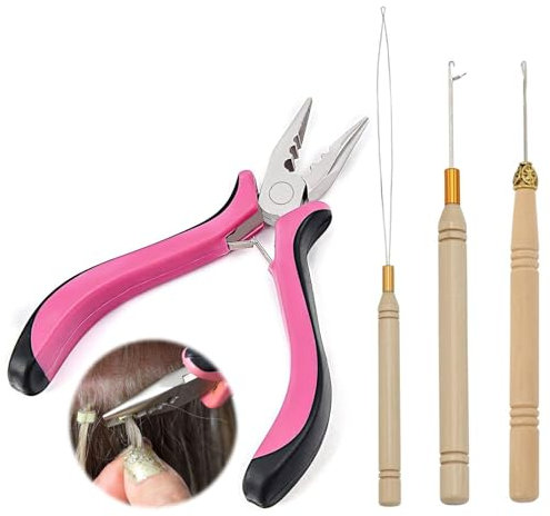 hair extension pliers, 4Pcs Hair Extension Pliers Kit, Professional Nano Hair Extension Tools with 3 Holes Hair Extension Pliers, Loop Needle Threader and Pull-Out Needle for Human Hair Extensions