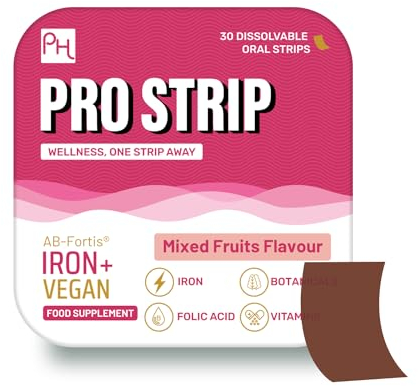 PROSTRIP® Iron+ AB-Fortis® 14mg Added with Vitamin C, B1, B2, B6, Folic Acid, Beetroot, Spinach and Tart Cherry – 30 Oral Vegan Strips – No Water Needed – High Absorption by Prowise Healthcare