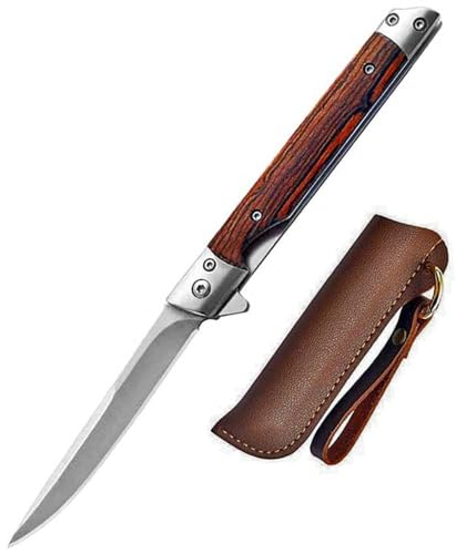 Lius Group Petit Couteau de Poche Pliant - Manche en Bois M390, Tranchant à Une Main, Portable pour l'Extérieur, Chasse EDC Antidérapant - Étui en Cuir Inclus