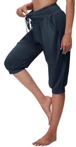 BATHRINS Haremshose Damen 3/4 Yogahose Jogginghose High Waist Caprihose Sommer Pilates Hose Leicht Pumphose Locker Sporthose mit Taschen Kordelzug(Marine Blau,M)