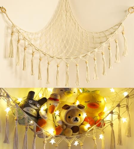 Teddy Hammock - Cuddly Toy Storage Hammock for Stuffed Animals with LED Light - Teddy Bear Storage Net Hammocks for Soft Toys - Cute Plush Storage Net Nursery Preppy Room Decor Baby Kids Bedroom